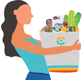 Grocery member holding a bag full of food